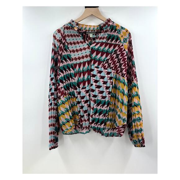 RyeGrass Geometric Pleated Colorful Long sleeve Blouse Size Extra Large - Picture 1 of 6
